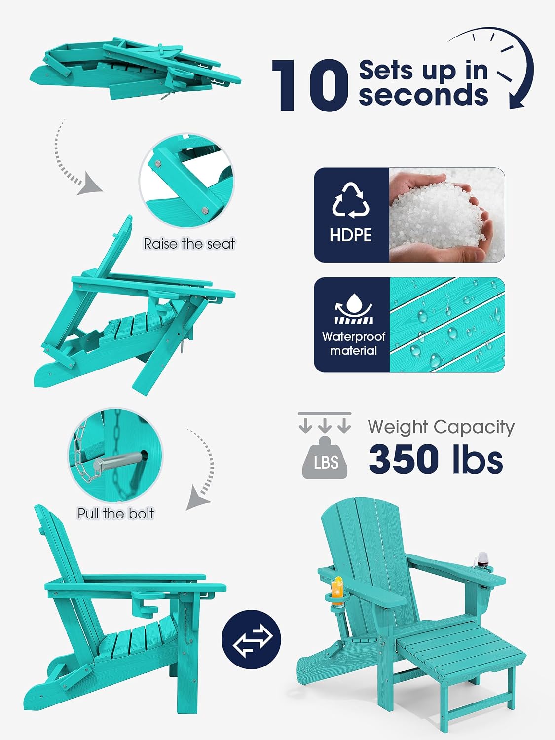 KINGYES Folding Adjustable Adirondack Chair with Ottoman & 2 Cup Holders,...