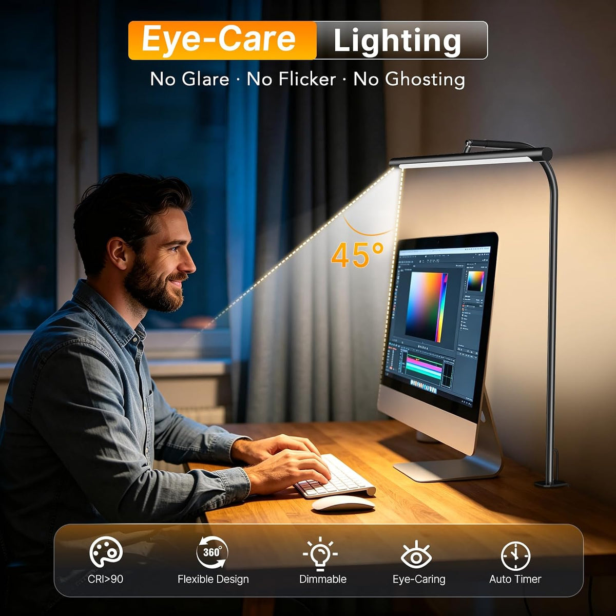 LED Desk Lamp with Clamp, Eye-Caring Dimmable Desk Light for Home Office