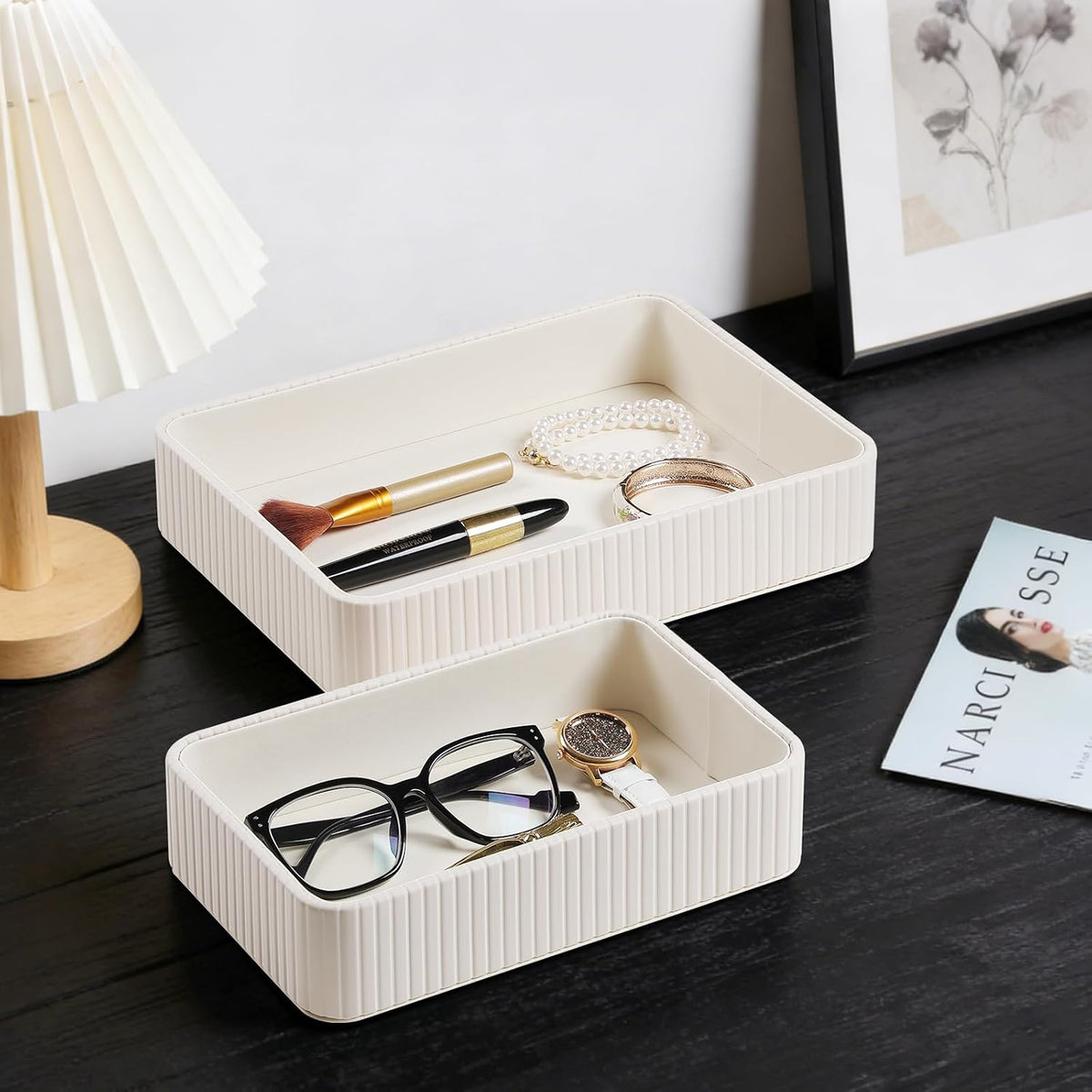Desk Organizer Tray, PU Leather Nightstand Organizer, Ivory 2-Pack