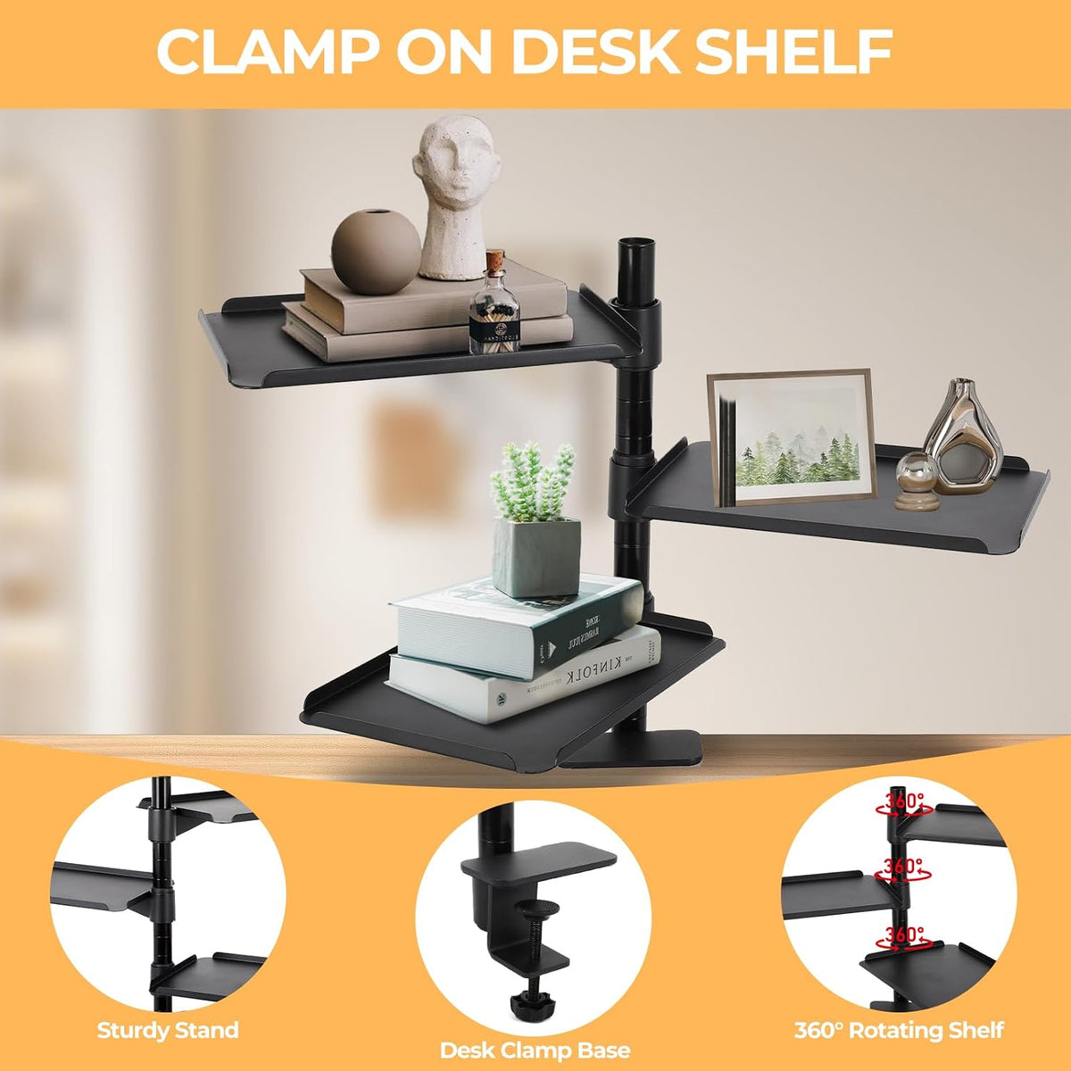 Desk Extender, 3 Tier Desk Clamp Shelf, Adjustable Clamp on Desk Shelf