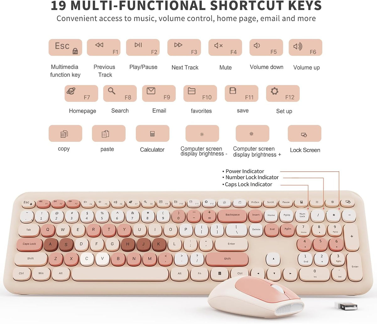 SkyGive Wireless Keyboard and Mouse Combo, Colorful Ergonomic Full Size Retro...