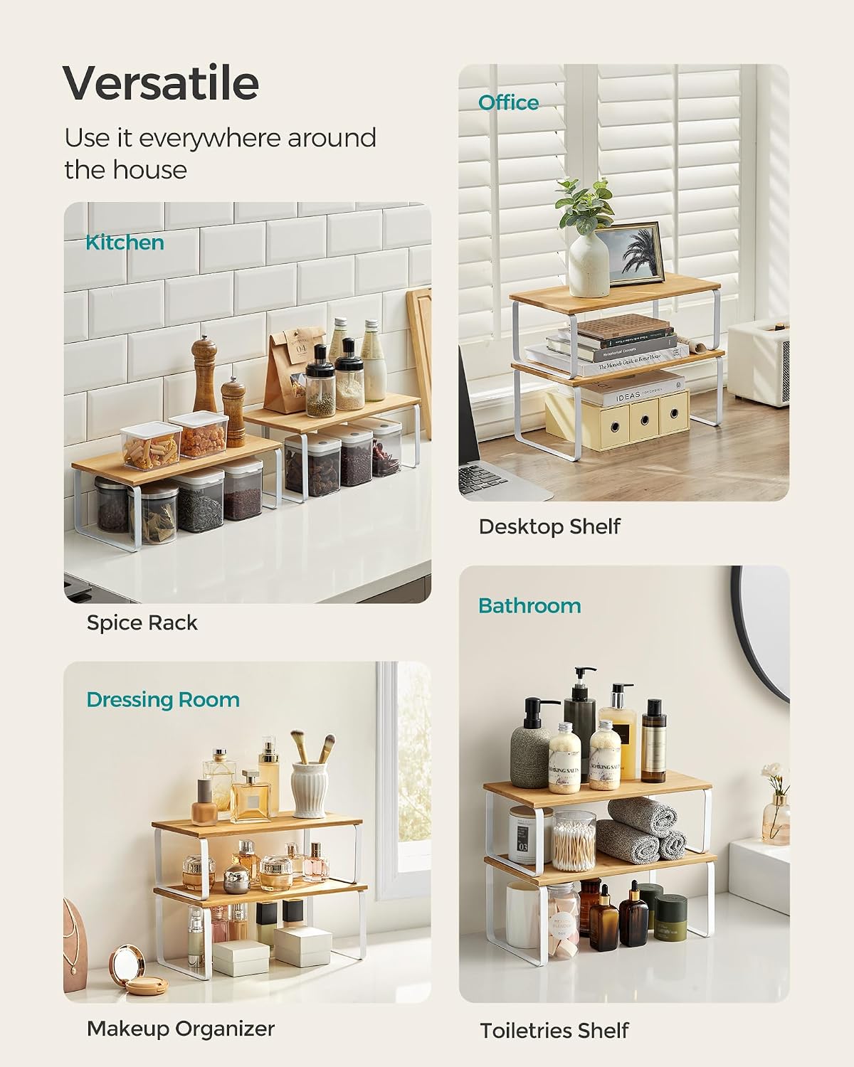 SONGMICS Cabinet Organizer Shelf, Set of 2 Spice Rack, Kitchen Storage