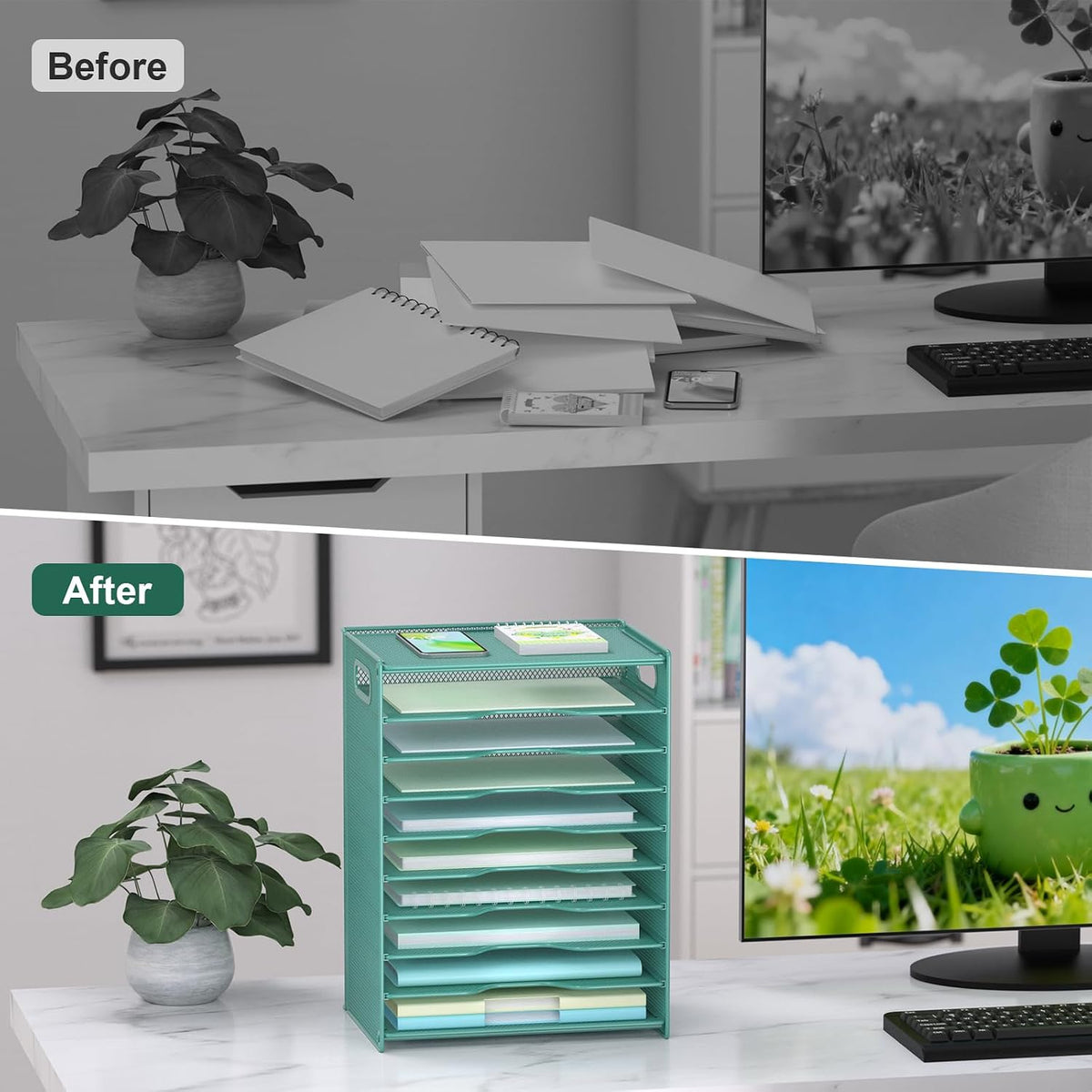 OUTWOLF 10 Tier Paper Organizer - Letter Tray Mesh Desk File Organizer with H...