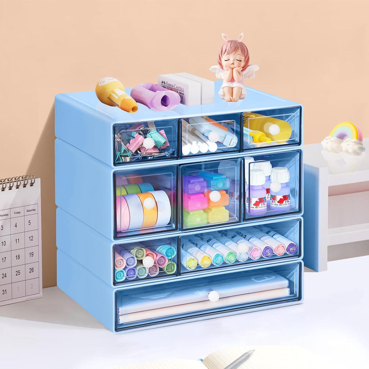 Desk Storage Organizer with 9 Drawers, 4 Tiers Stackable Desktop Craft Storag...