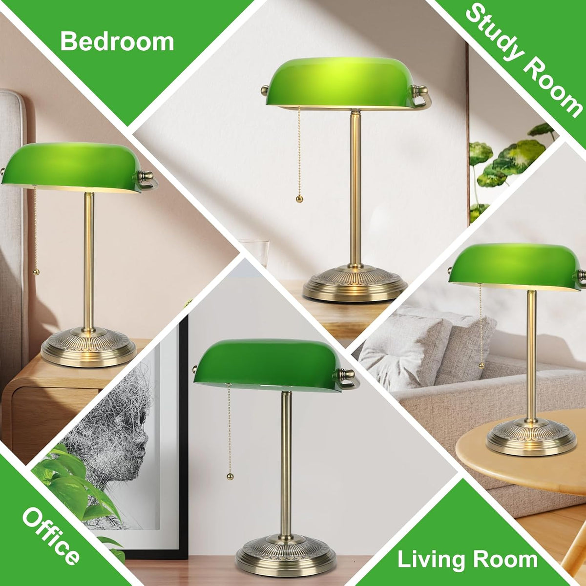 Bankers Lamp, Brass Finish with Pull Switch, Green Glass Shade