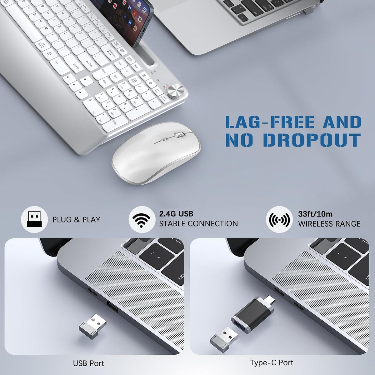 JOYACCESS Ergonomic Wireless Keyboard Mouse Combo, Silver
