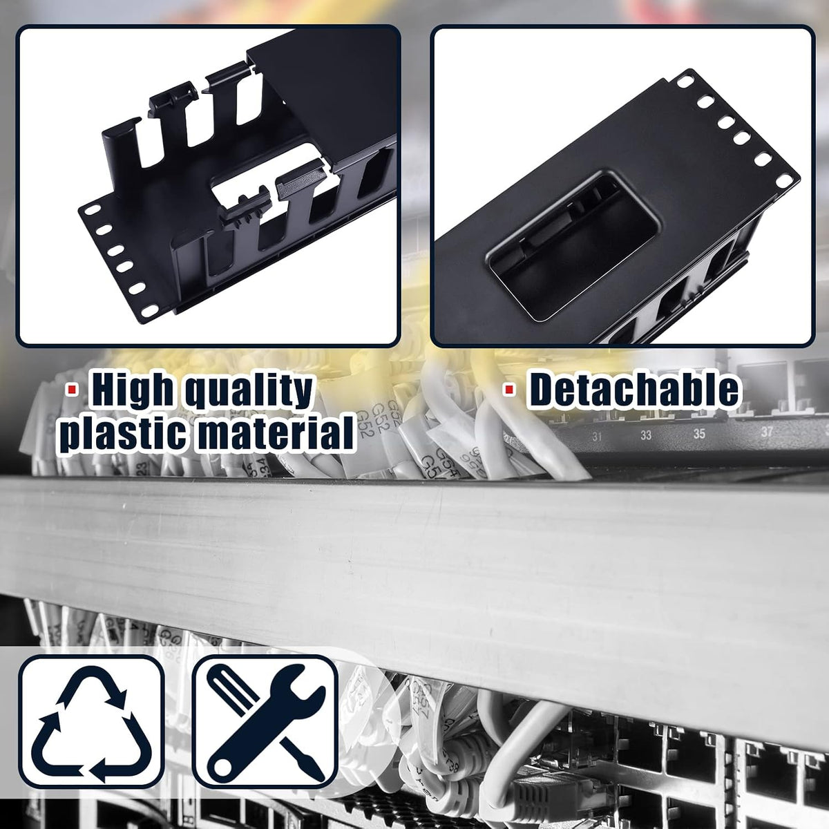 Taiyin 2 Pcs 2u 19 Inch Horizontal Cable Management Panel, 12 Slot