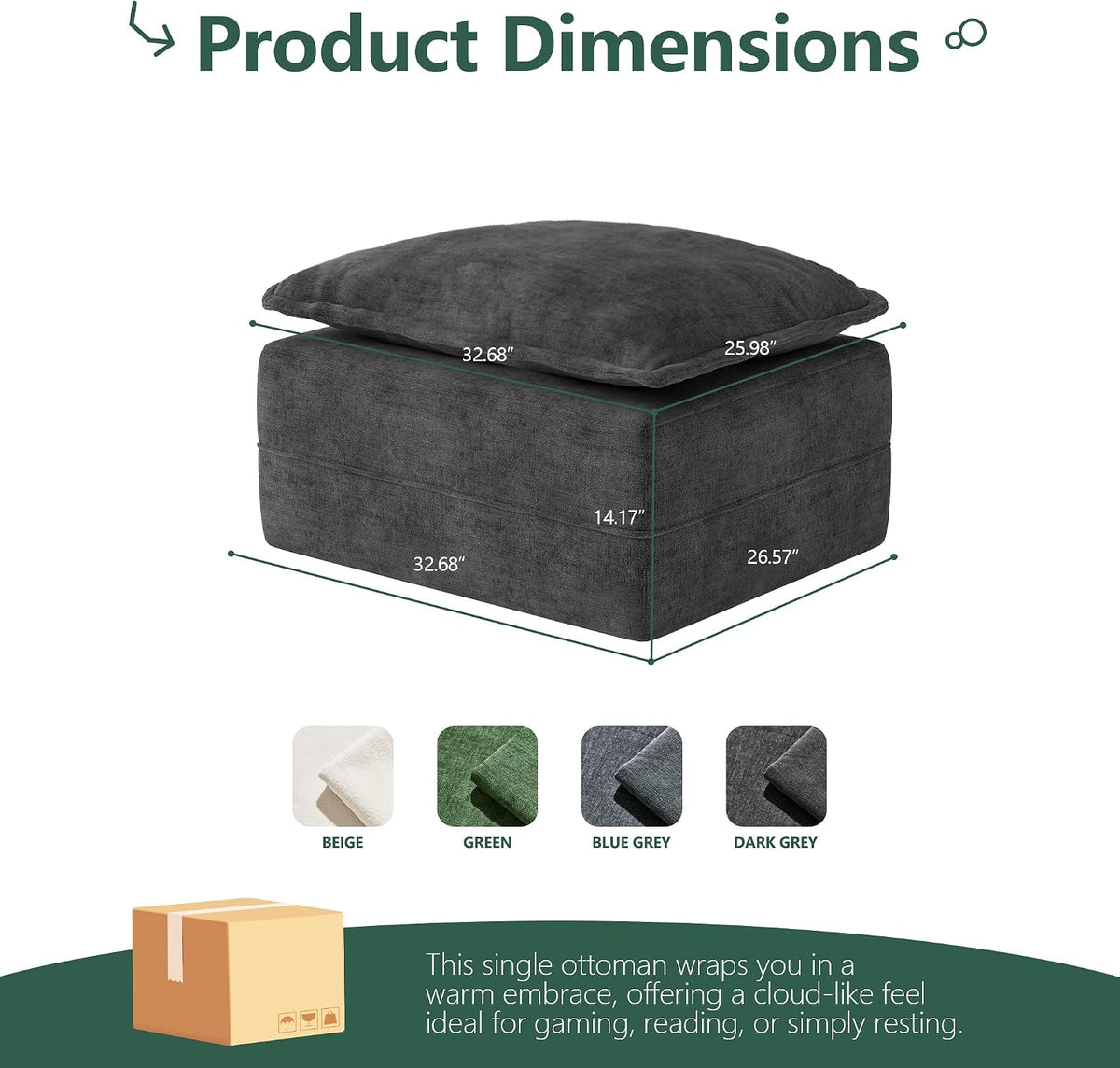 Hobestluk Cloud Memory Foam Ottoman Boneless Footrest for Couch Dark Grey