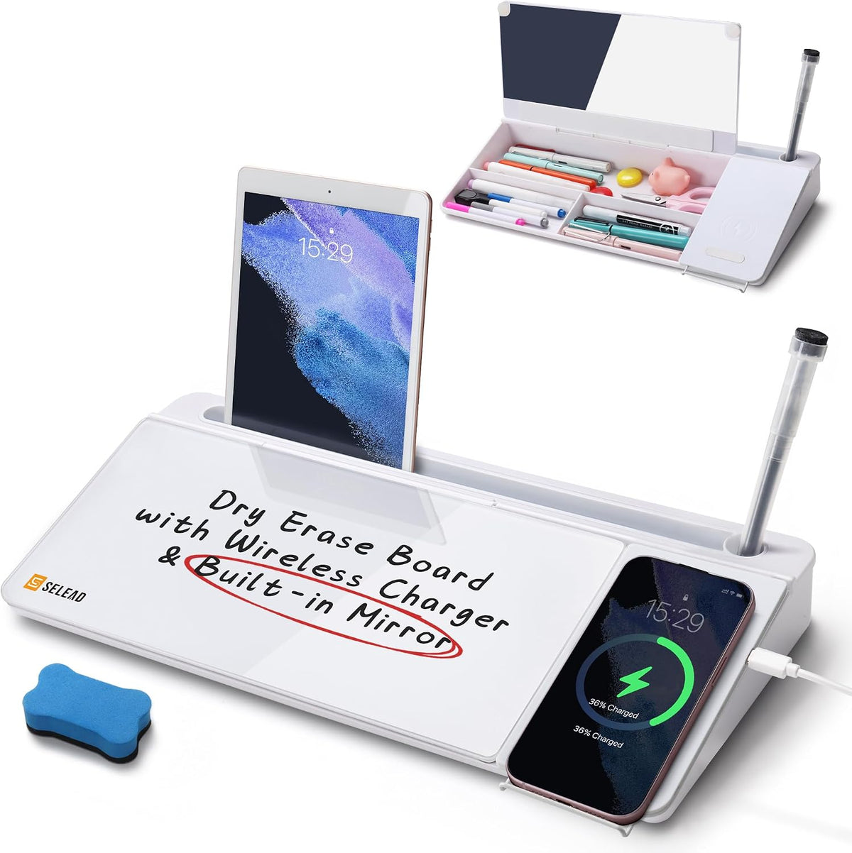 SELEAD Desktop Glass Whiteboard with Wireless Charger and Mirror, White
