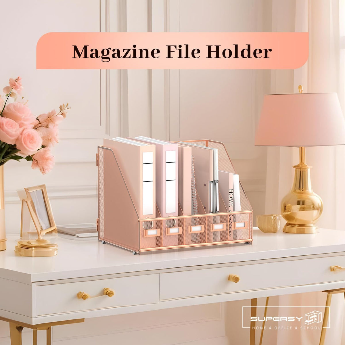 SUPEASY Desk Organizers Metal Desk Magazine File Holder with 5 Vertical Compa...