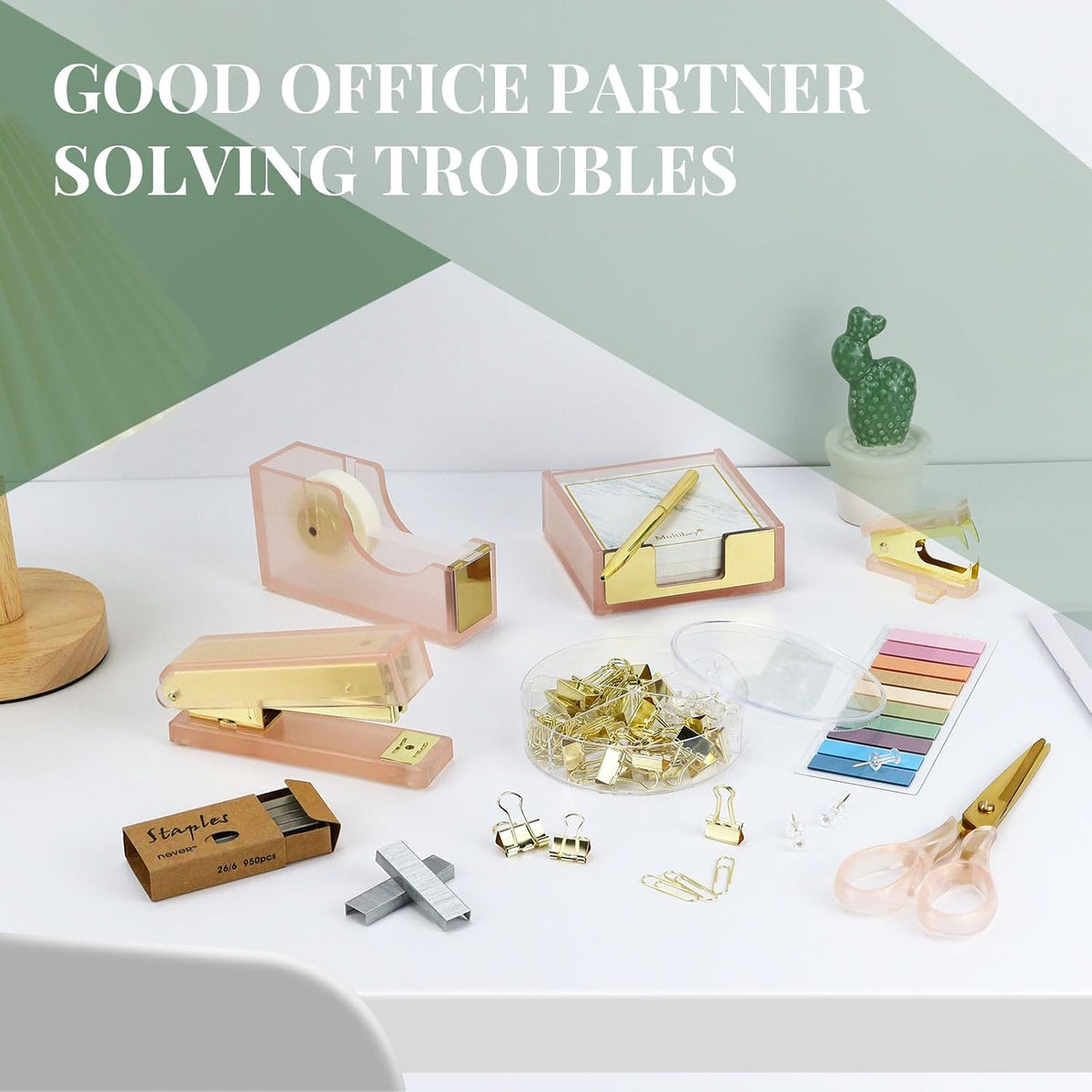 MultiBey Pink Gold Acrylic Sticky Notes Holder Stapler and Tape Dispenser Cut...