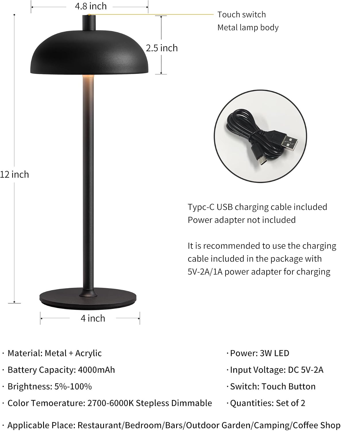 12" Cordless Table Lamps Set of 2, Black Modern Portable Desk Lamp