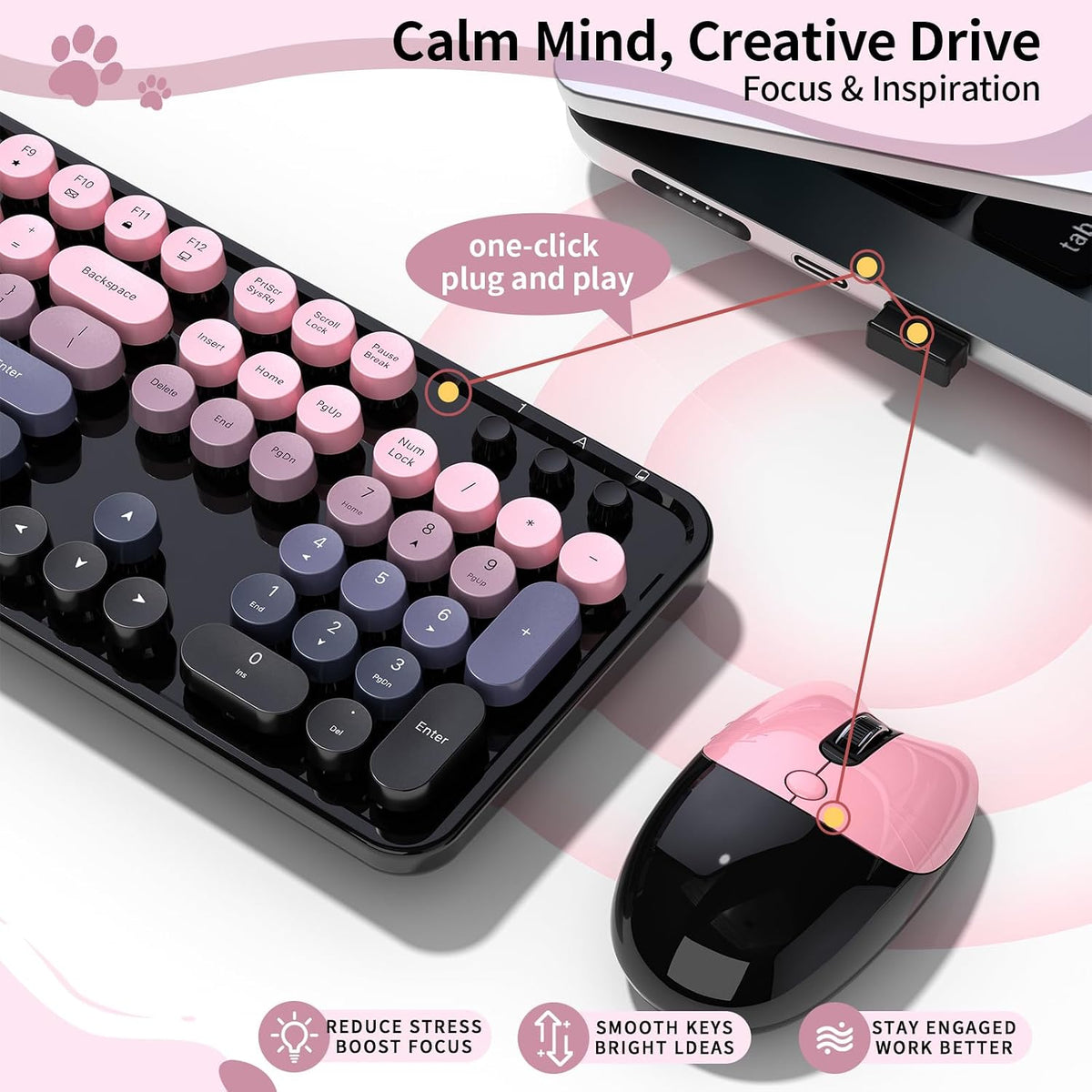 Wireless Keyboard and Mouse, MOFII 104 Round Keycaps Retro Typewriter with OT...