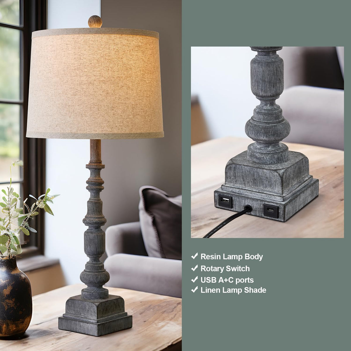 Oneach 27.75" Farmhouse Table Lamps Set of 2 for Living Room, USB A+C Port