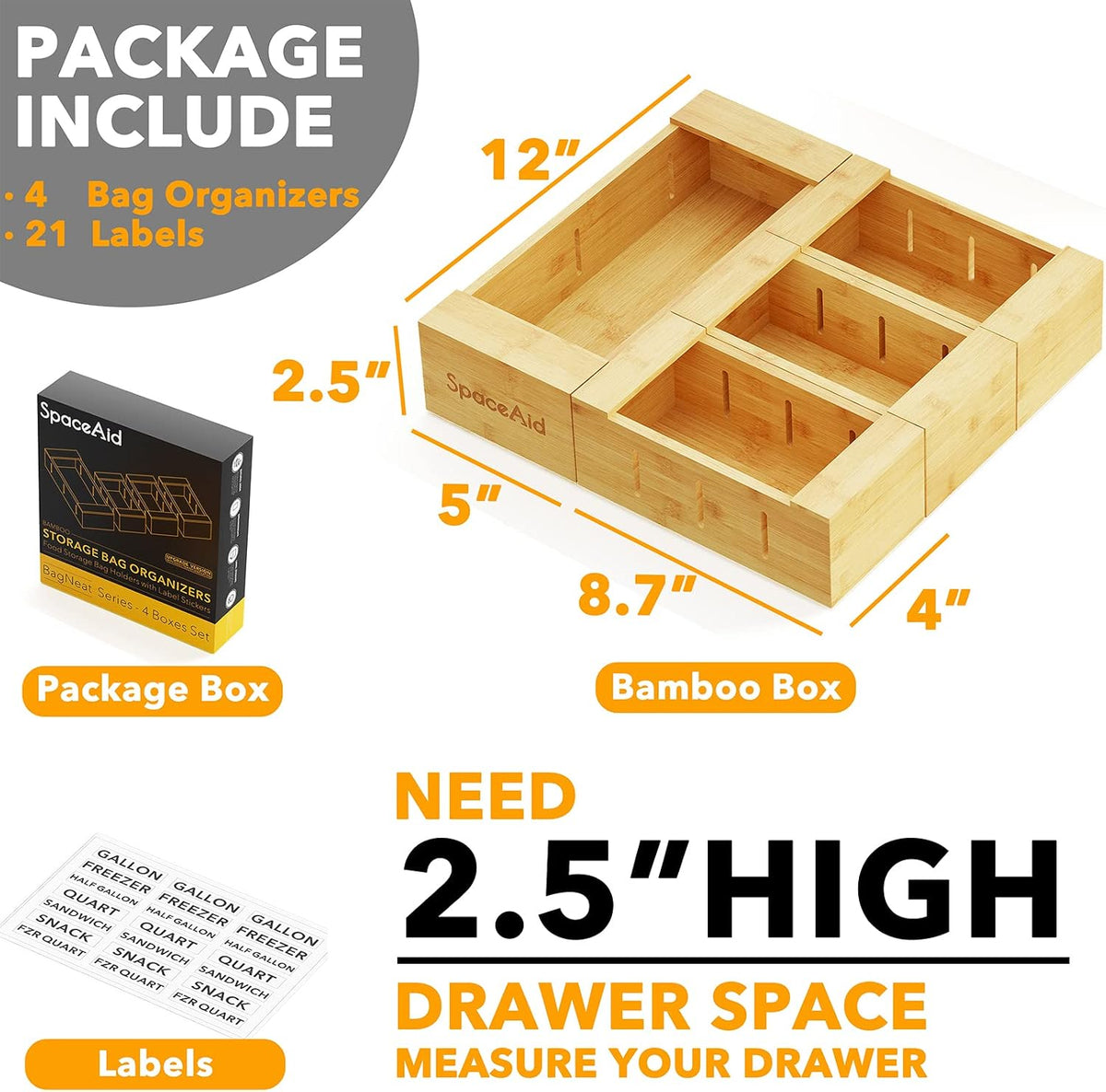 SpaceAid Bag Storage Organizer for Kitchen Drawer, Bamboo Organizer, Compatib...