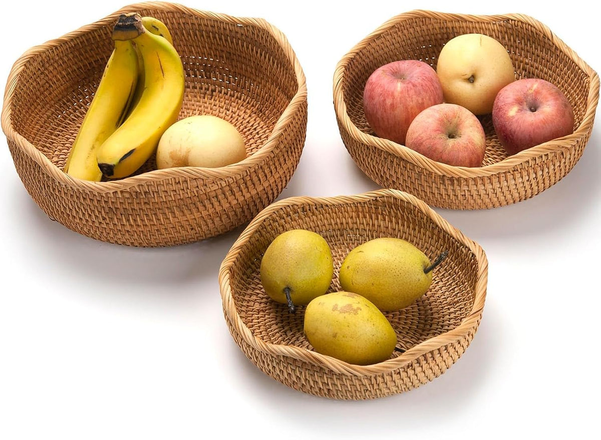 Rattan Bread Basket, Hand Woven Fruit Basket, Wicker Serving Basket Bowl, Dec...