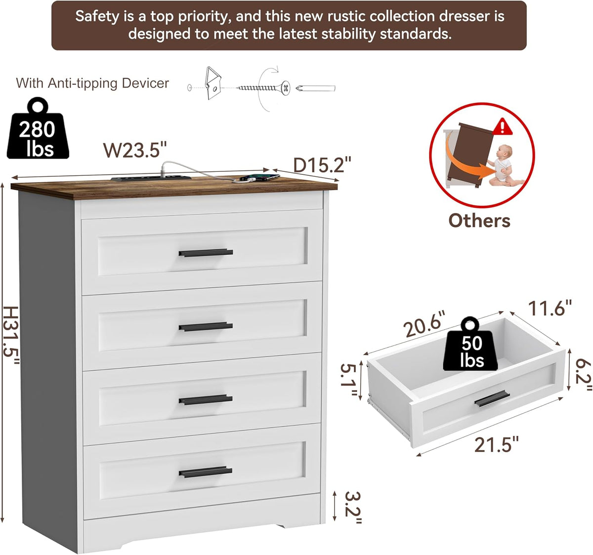 GEPELCN Farmhouse 4 Drawers Dresser for Bedroom Rustic Chest of Drawers with ...