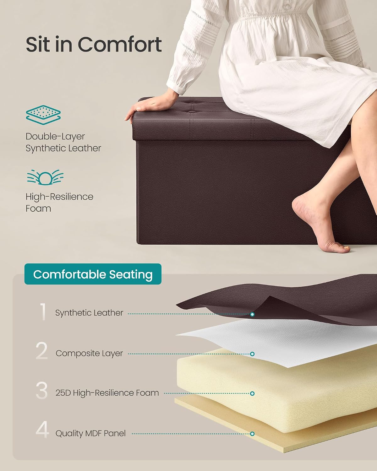 SONGMICS Storage Ottoman Bench, 30 Inches Folding Foot Rest Stool