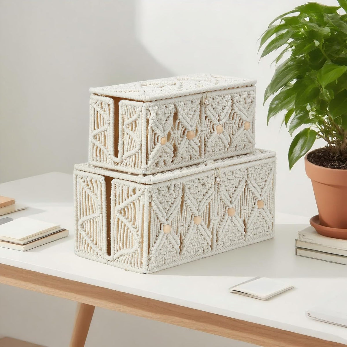 2PCS Cable Management Box Handmade Macrame Cord Organizer Basket