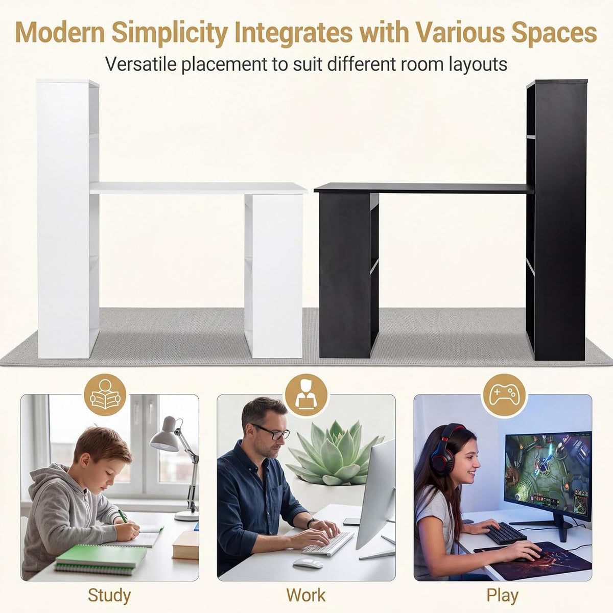 Tangkula White Computer Desk with Bookshelf, Writing Study Desk with Storage ...