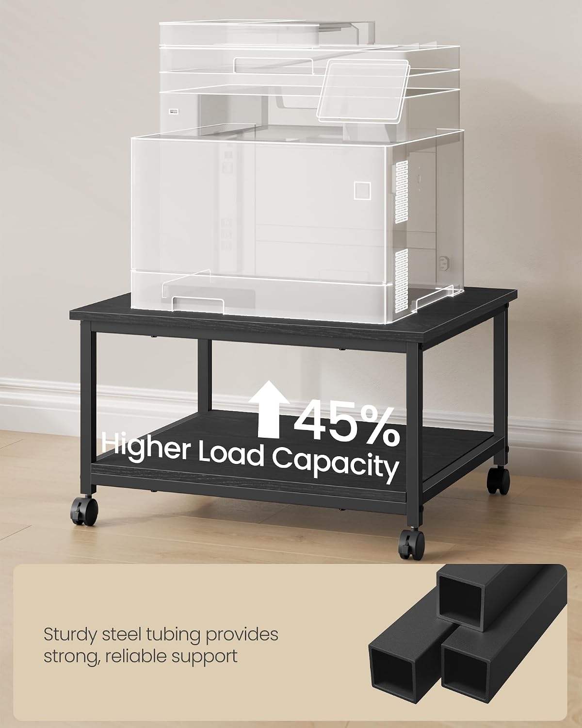 VASAGLE 2-Tier Printer Stand with Locking Wheels, Under Desk Printer Table