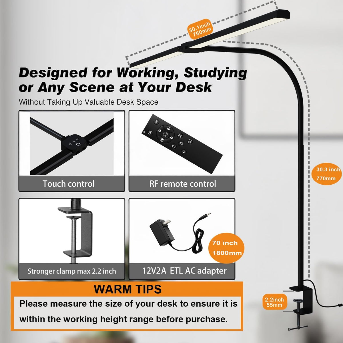 LED Desk Lamp for Home Office, Eye Caring Architect Desk Light with Clamp,50 ...