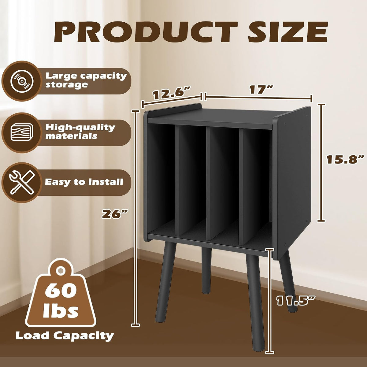 Record Player Stand, Vinyl Record Storage Table with 4 Cabinet, Mid Century M...