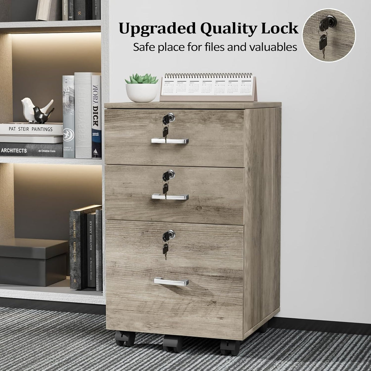 VINGLI 3-Drawer File Cabinet with Lock, Wood Rolling Under Desk File Cabinets...