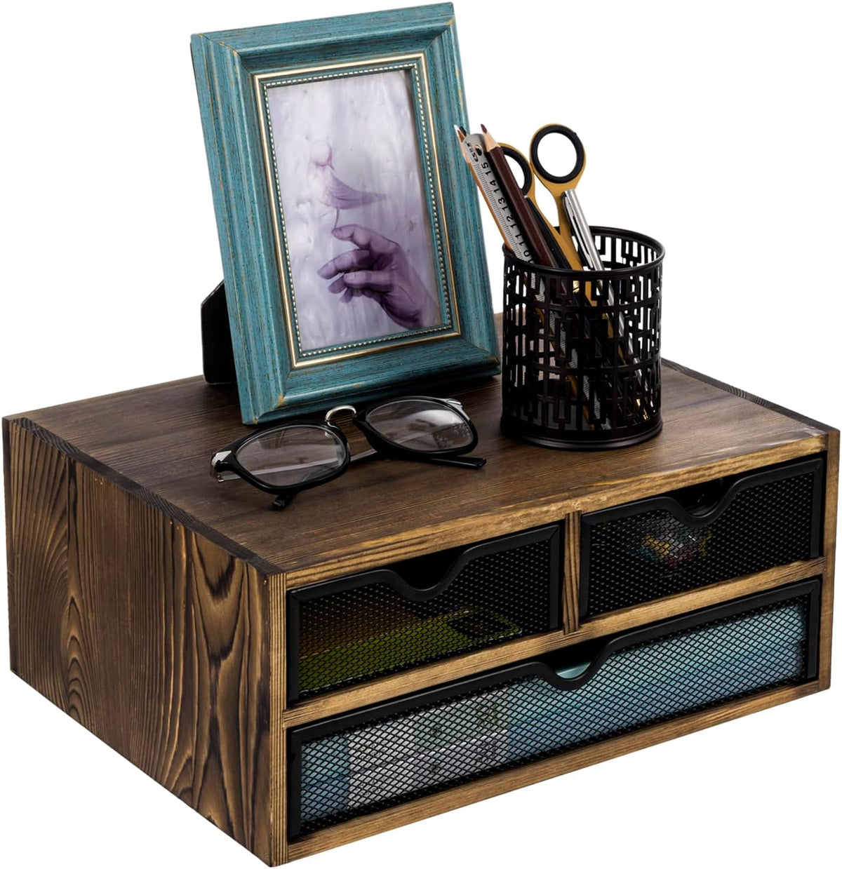 MyGift Rustic Burnt Brown Solid Wood Desktop Organizer Box with 3 Removable B...