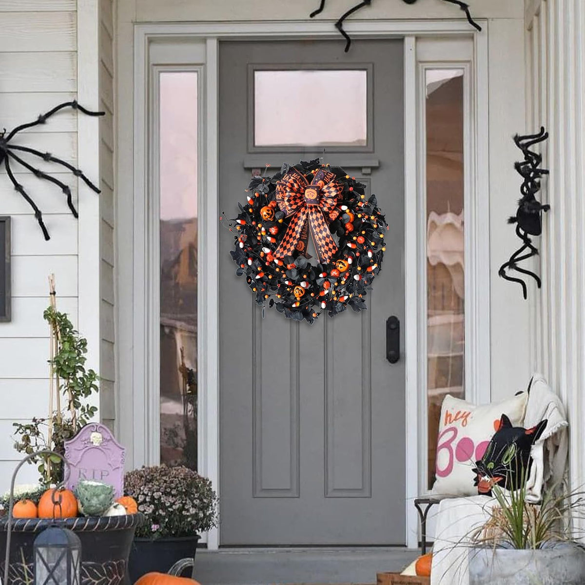 22inch Black Halloween Wreaths for Front Door Bow Decorative