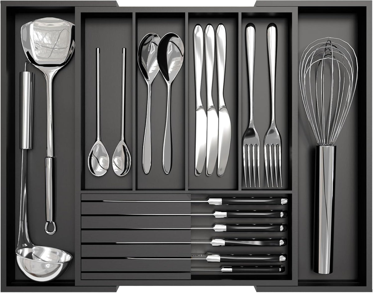 Bamboo Kitchen Silverware Drawer Organizer - Expandable Wood Utensil Holder w...