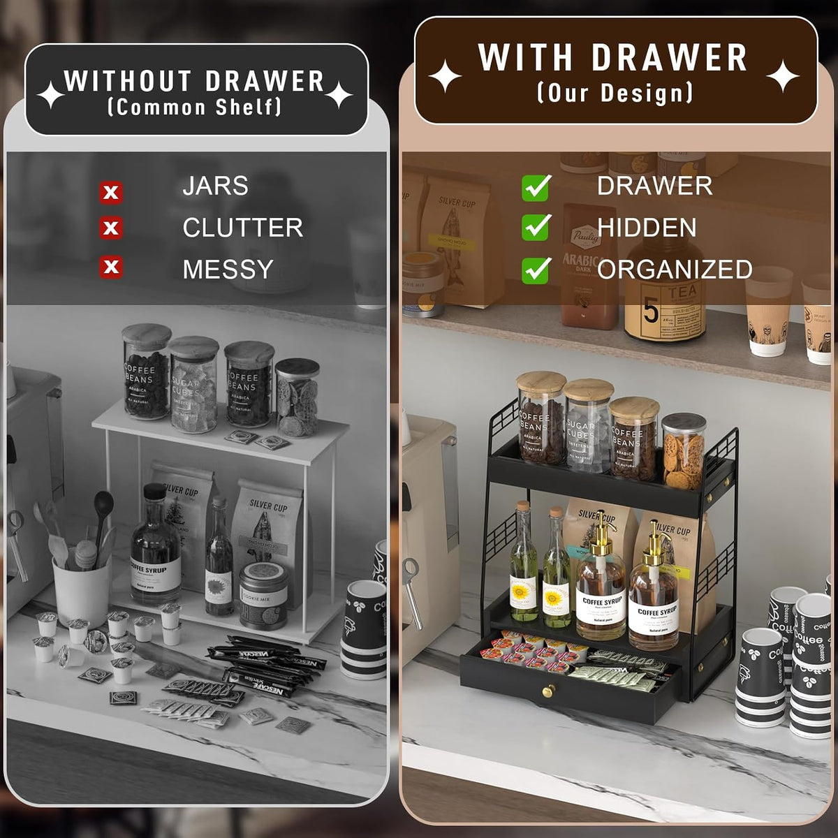 Coffee Bar Station Organizer with Drawer, 2-Tier Countertop Shelf (Black)