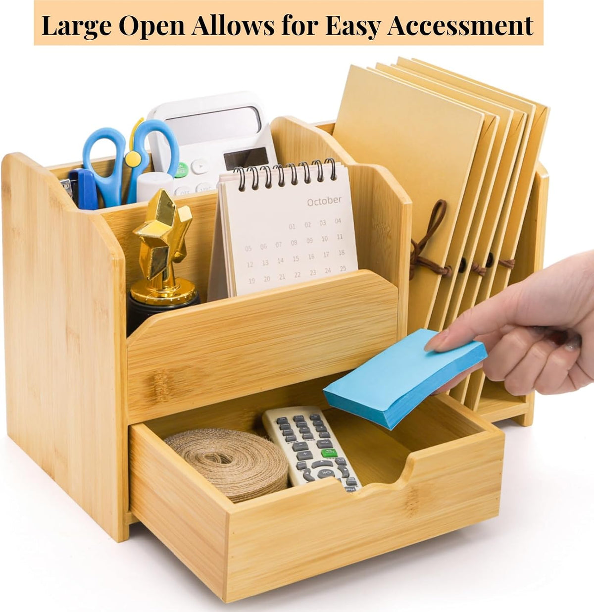ZAVOOS Bamboo Desk Organizer with Drawer Pen Holder, 5 Compartments