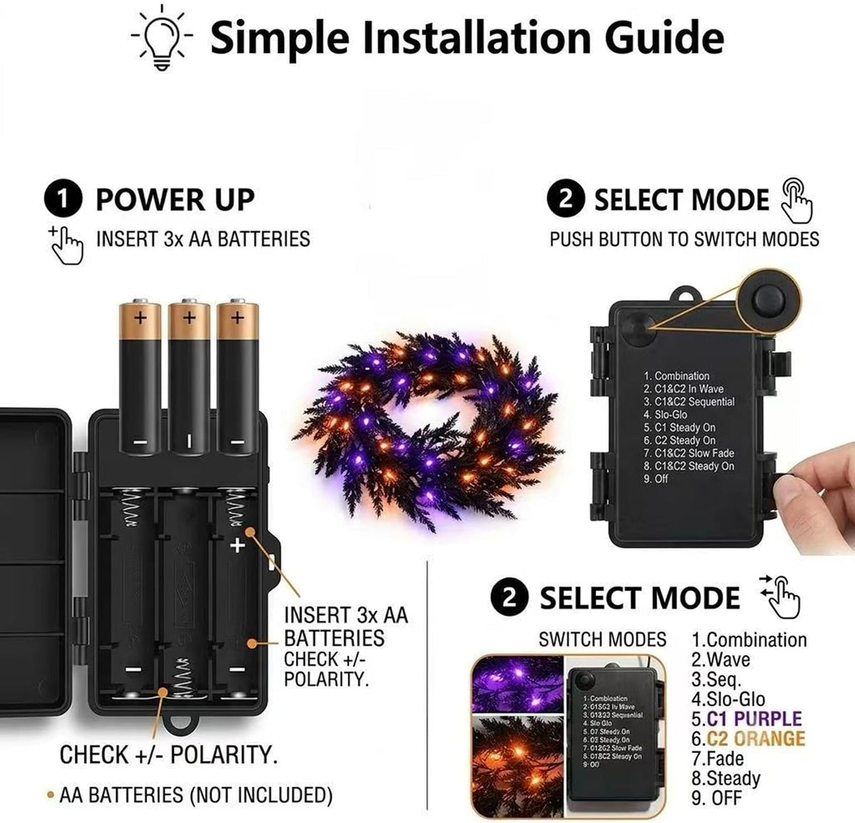 6 FT Prelit Black Halloween Garland, 30 LED Purple Orange