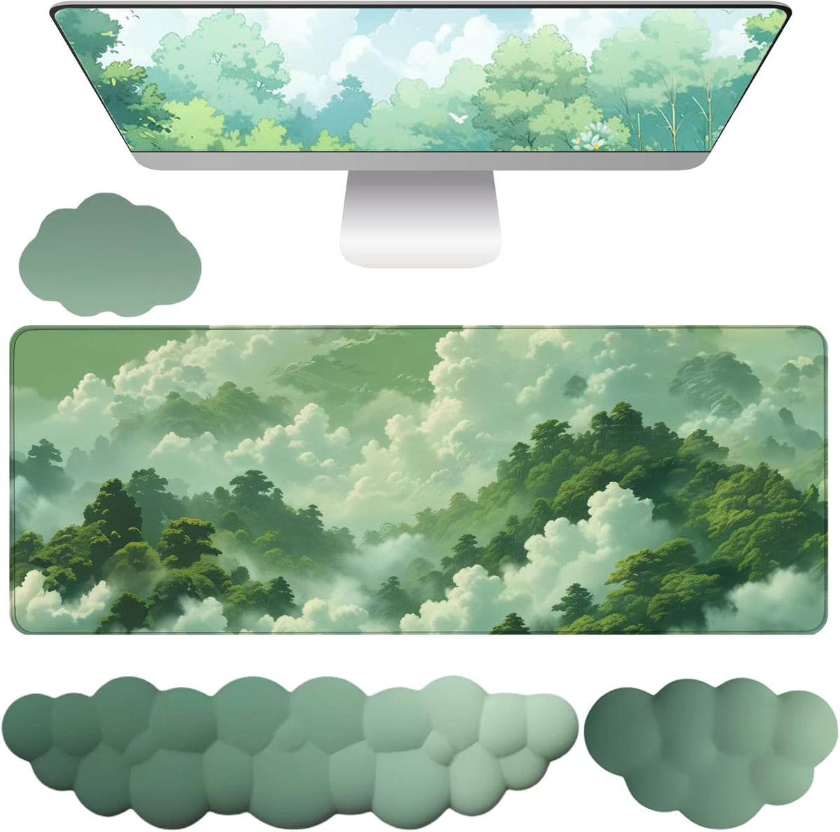 Green Cloud Mouse Pad and Keyboard Wrist Rest 4PCS Extended Forest Mountain A...