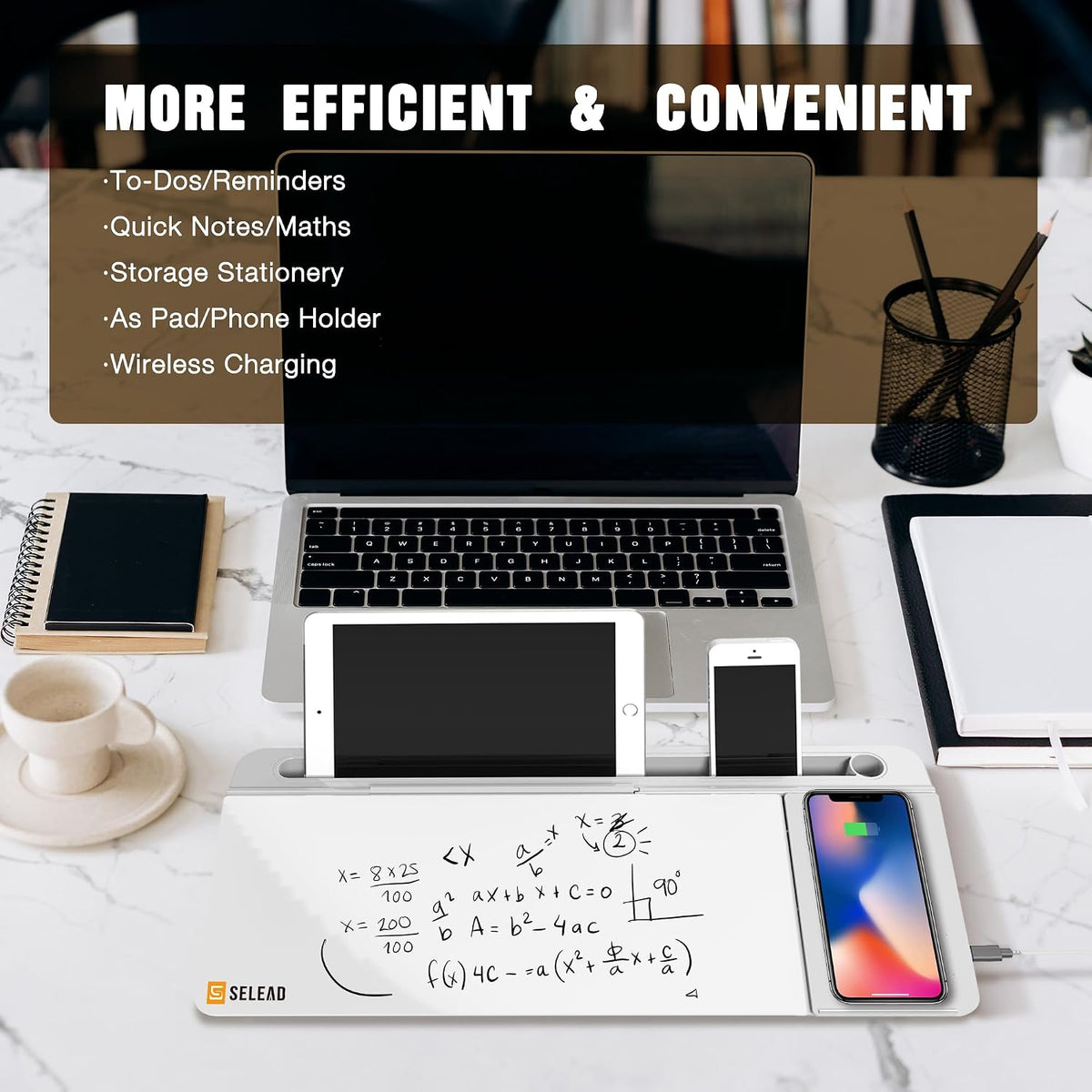SELEAD Desktop Glass Whiteboard with Wireless Charger and Mirror, White