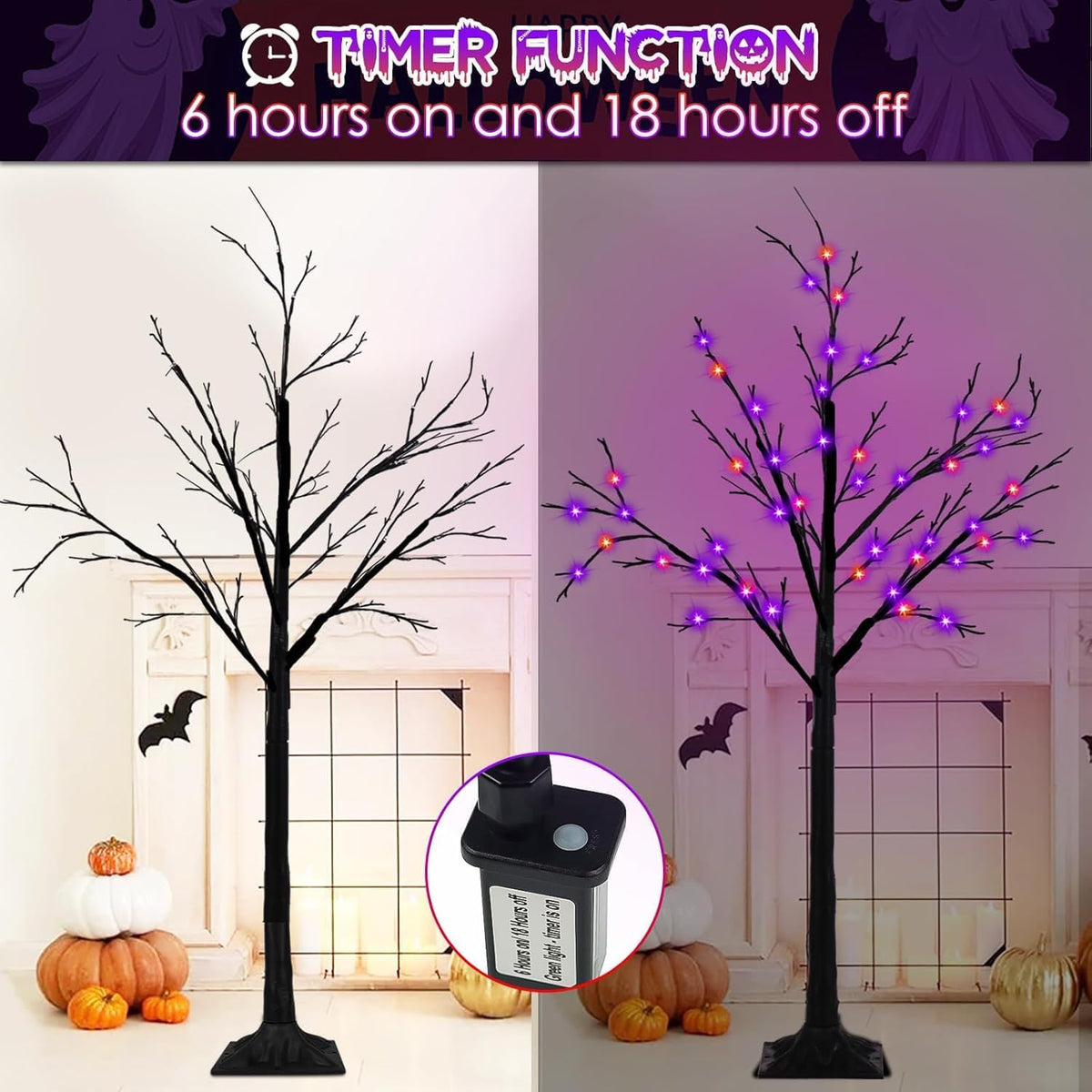 Set of 3, 4ft 5ft 6ft Lighted Black Halloween Tree with Orange Purple Light
