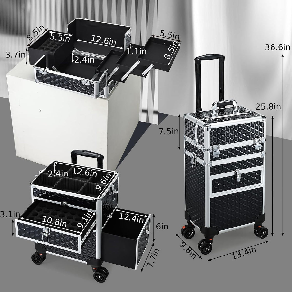 Joligrace Rolling Makeup Case with Drawers - Tattoo Storage Organizer Travel ...