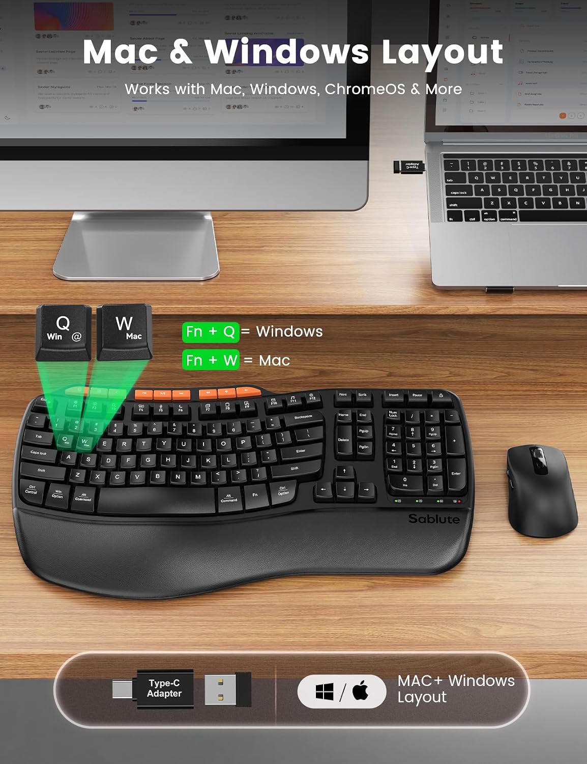 Ergonomic Wireless Keyboard and Mouse Combo, Full Size Wave, Natural Typing