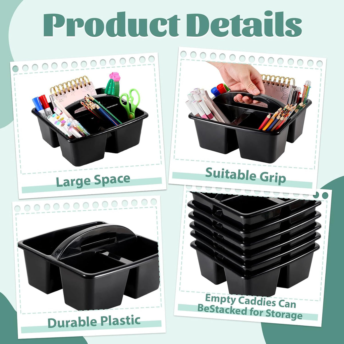 6 Pack Classroom Caddy with Handle Plastic Storage Caddy Organizer with 3 Com...