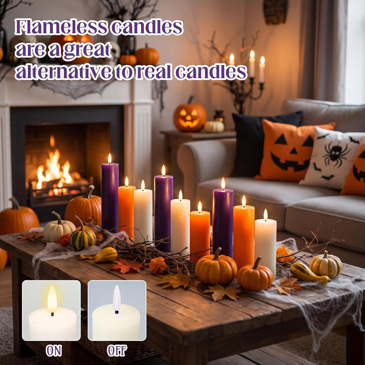 Retisee 9 Pcs Halloween Flameless Pillar Candle with Remote Halloween Decor