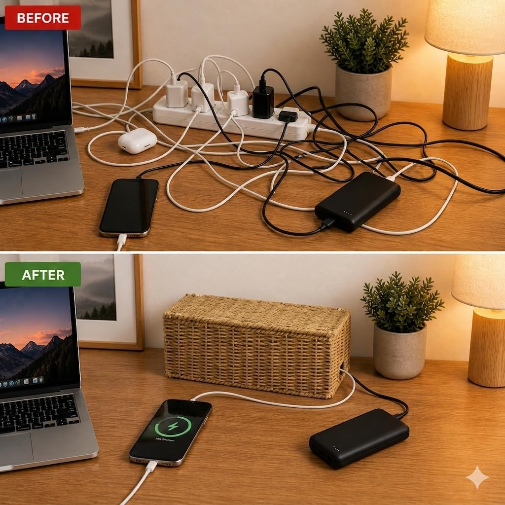 Handwoven Natural Raffia Cable Management Box with Lid – Decorative Cord Orga...