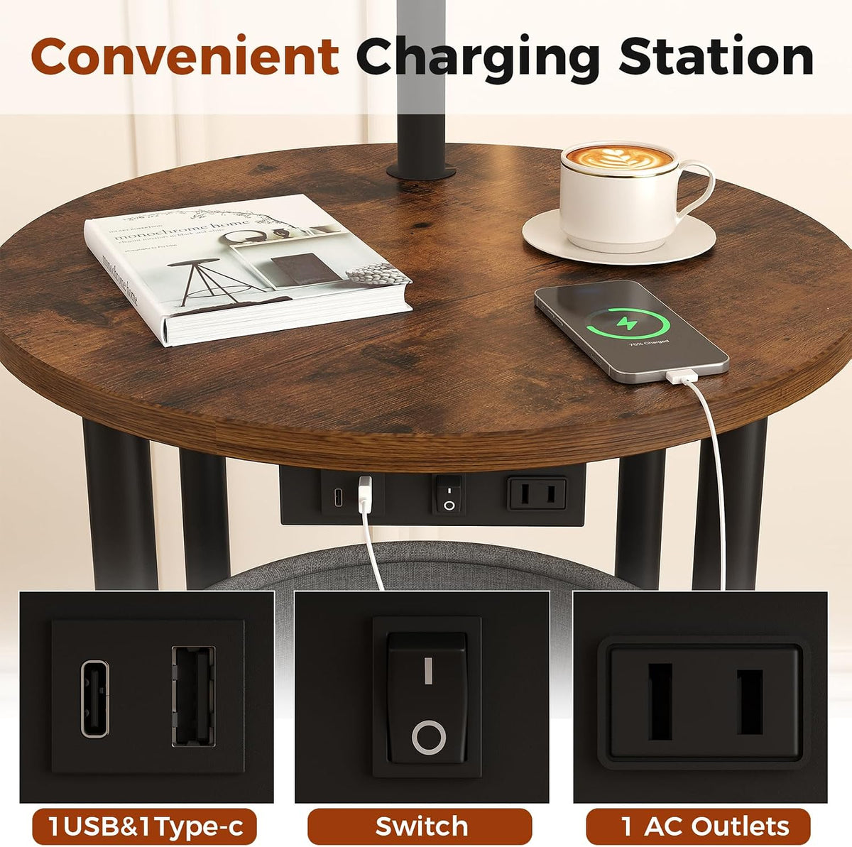 Floor Lamp with Table,Nightstand with Charging Station Living Room