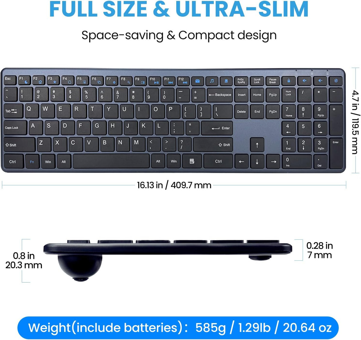 Wireless Keyboard-2.4G USB-A/Type-C Ultra Slim Quiet Full Size PC Computer Ke...