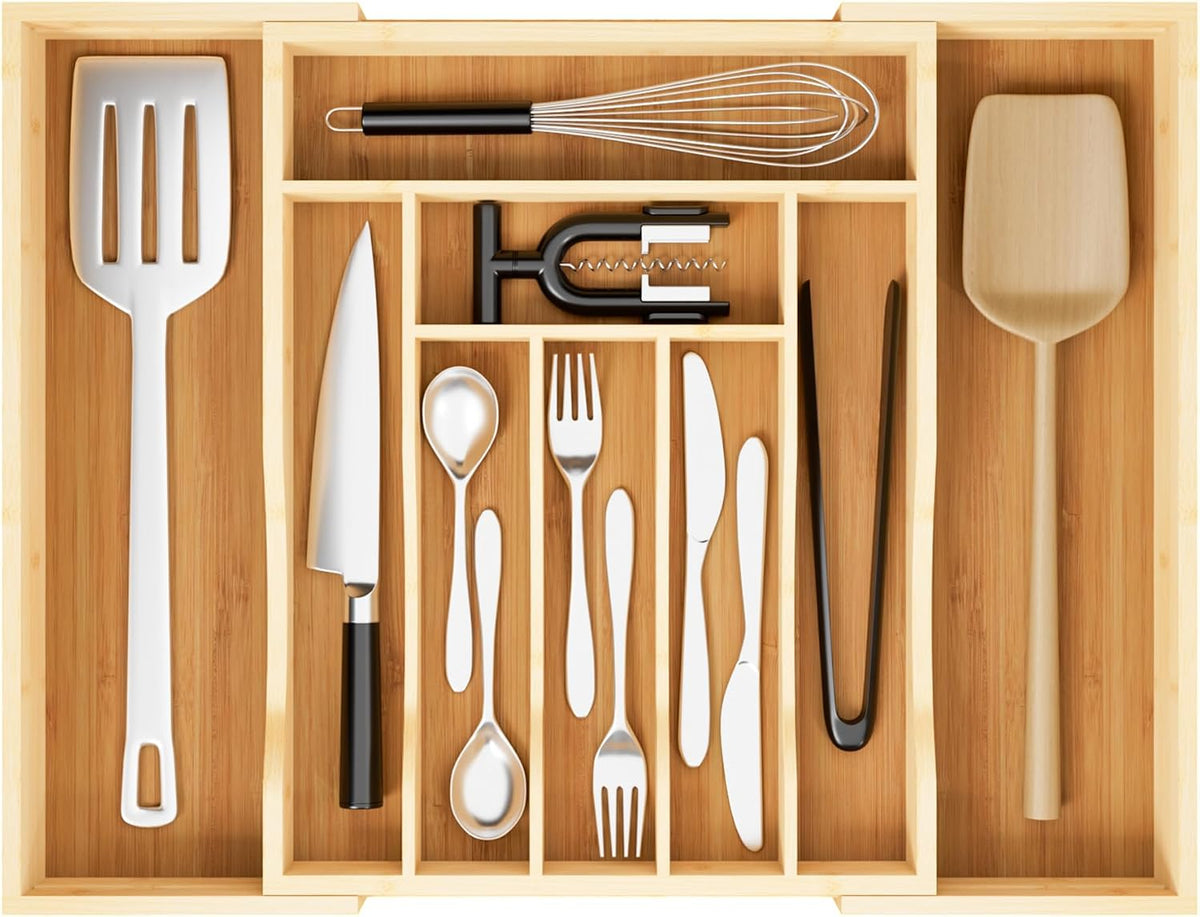 Expandable Bamboo Drawer Organizer Cutlery 7-9 Slots Natural