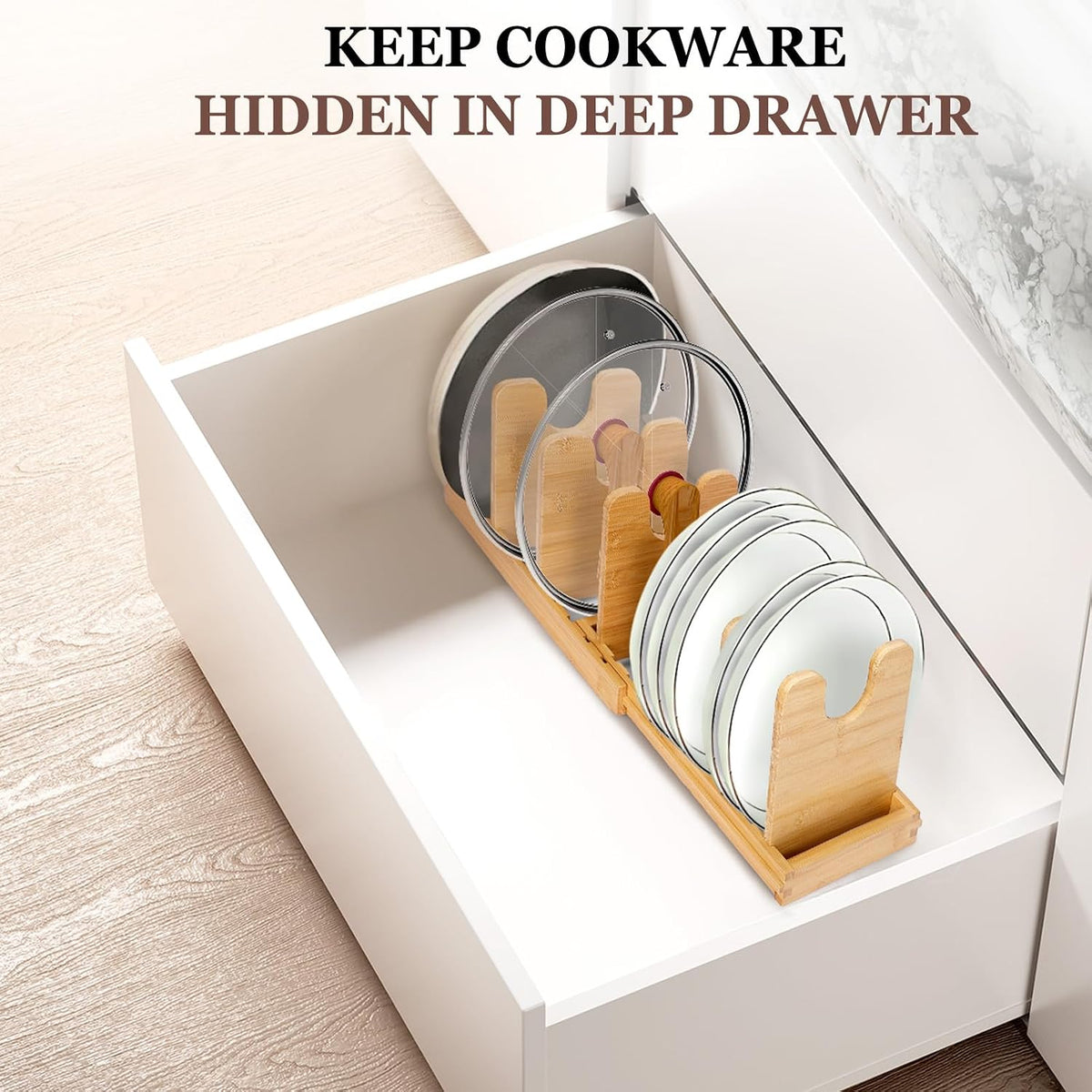 Bamboo Expandable Pot Lid Organizer, Pots and Pans Holder Rack for Cabinet