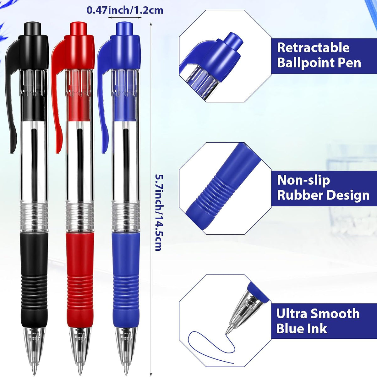 Fainne 200 Pack 1.0 mm Retractable Ballpoint Pen Bulk, Black, Blue, Red Ink