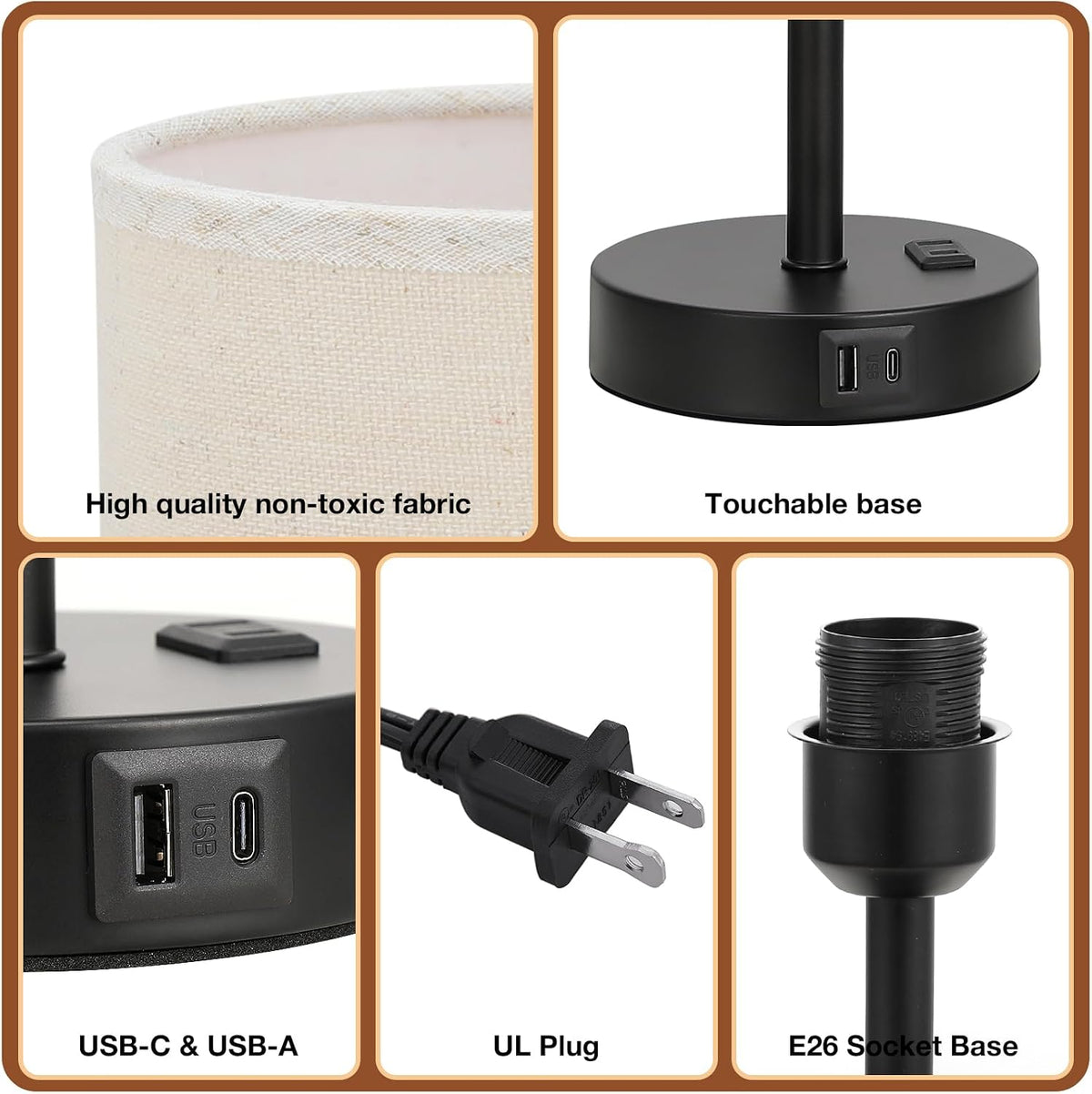 Dicoool 17.4" Bedside Lamp for Bedroom - Dimmable Touch, USB A+C, AC Outlet
