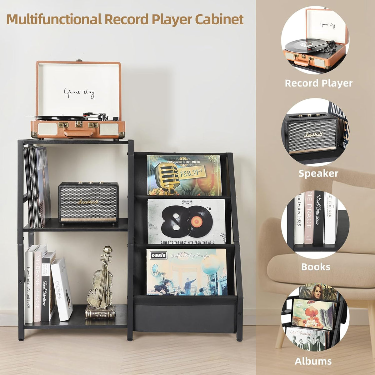Bikoney Record Player Stand, Turntable Stand with 3-Tier Vinyl Record Storage...