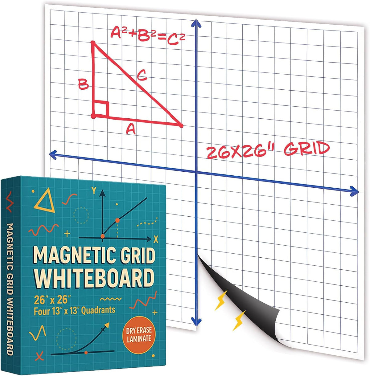 Magnetic Grid Whiteboard, Dry Erase Grid, Math Graphing, 26"x26", W...